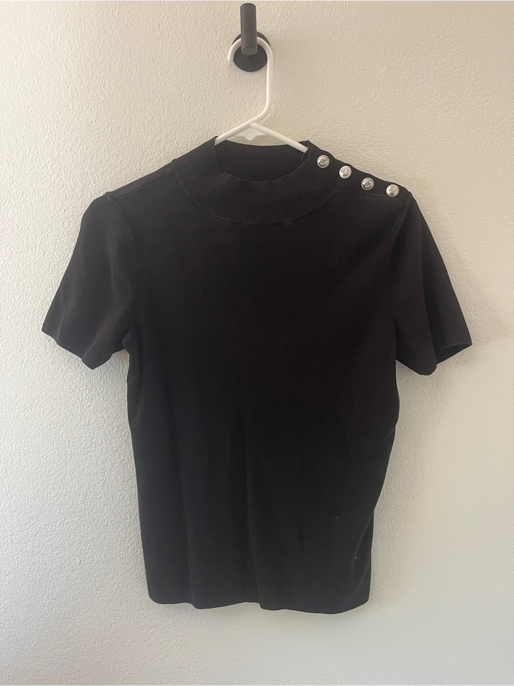 Talbots Black Short Sleeve Button-Shoulder Knit Top